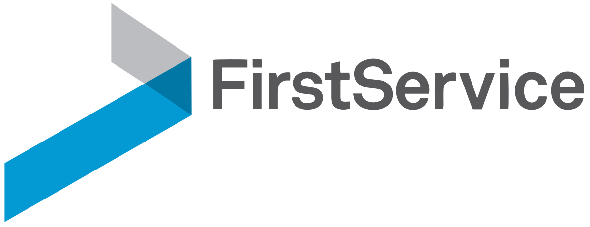 FirstService company logo with stylized arrow composed of grey and blue triangles next to the black text 'FirstService'.