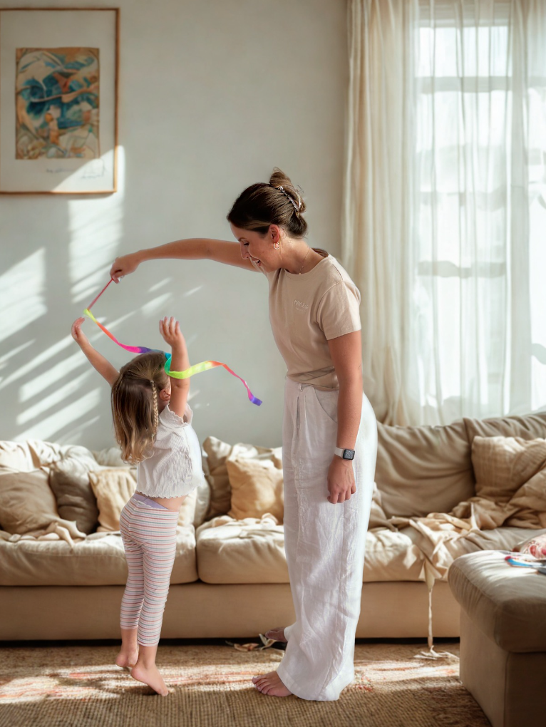 Paediatric occupational therapist playing ribbon twirl game with a child jumping through the ribbon during a home session in Birtinya, Sunshine Coast