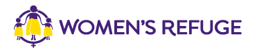 Women's Refuge logo with an illustration of a purple and yellow backpack and a purple cross