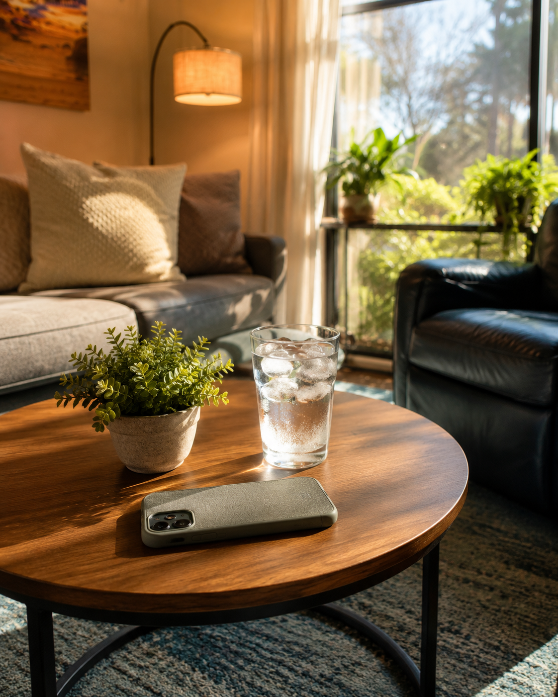 A calm therapy office with water and a phone on the table