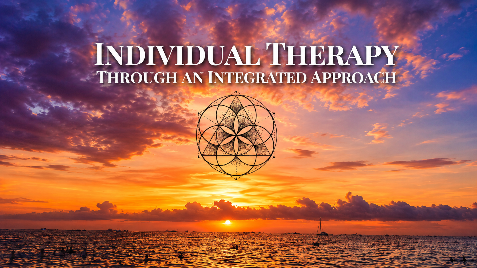 Sunset over the ocean with a colorful sky of purple, orange, and pink clouds. The horizon is visible with boats and people in the water. Text overlay says 'Individual Therapy Through an Integrated Approach' with a geometric design in the center.