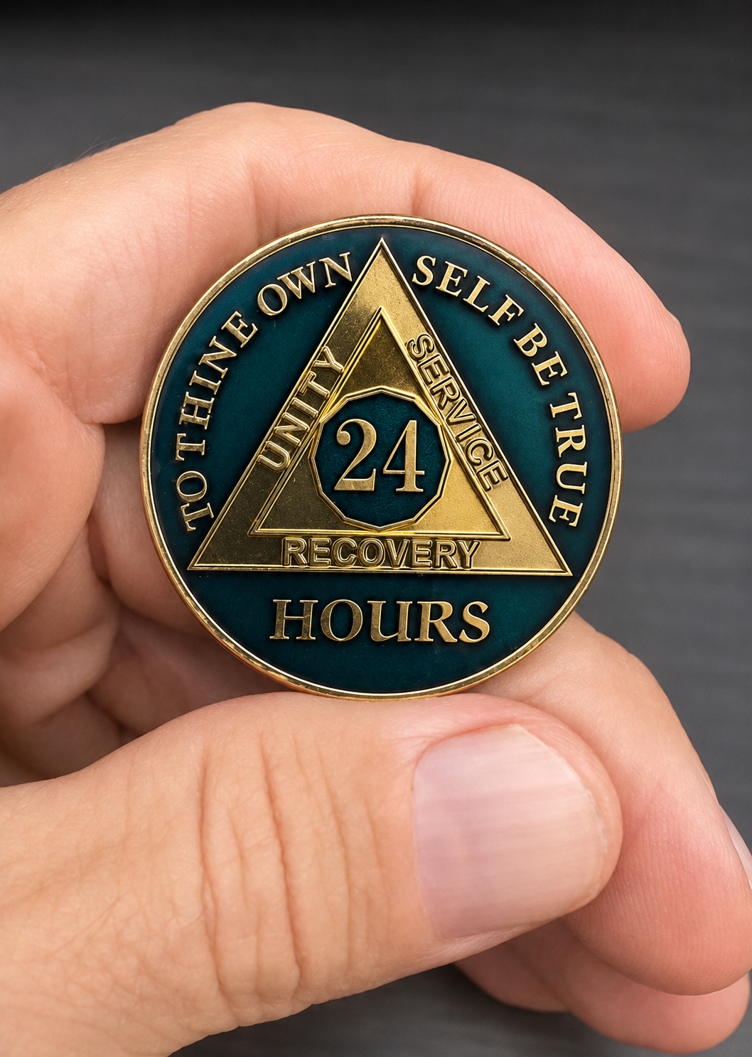 A 24-hour recovery coin held between two fingers