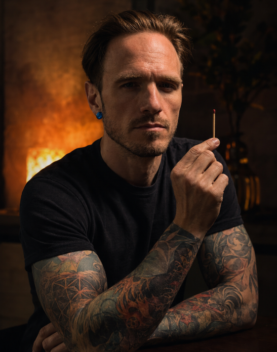 A serious man holding a lit match