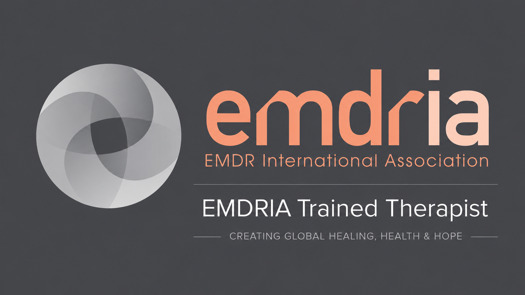 Logo of EMDR International Association with the text EMDRIA Trained Therapist and the tagline Creating Global Healing, Health & Hope.