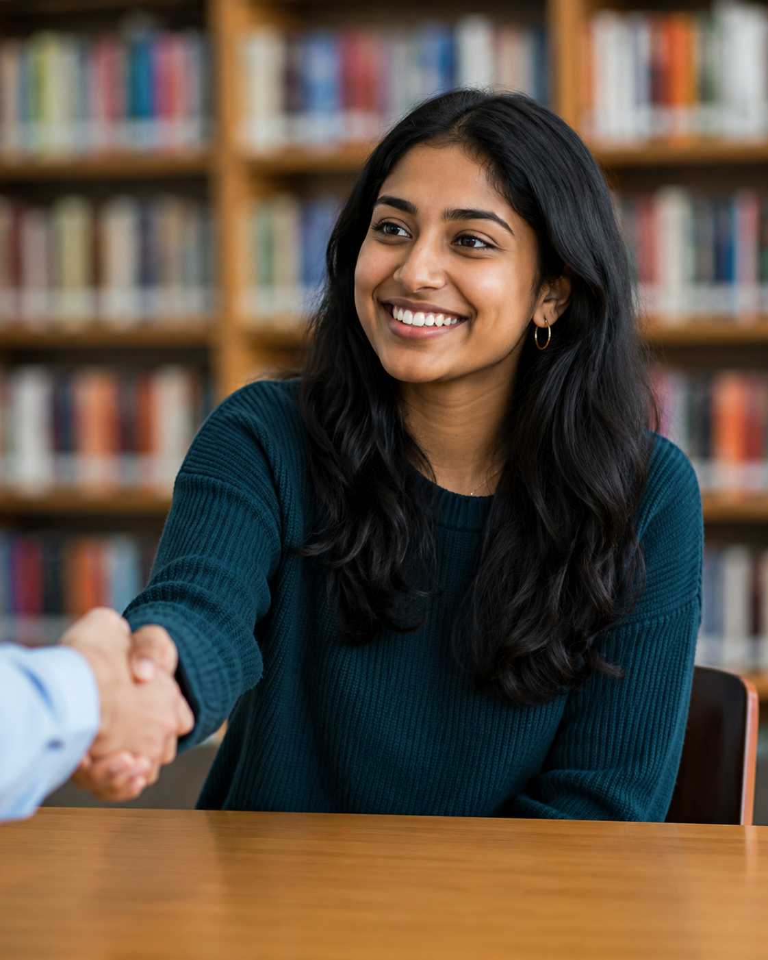 A teen girl shaking hands with an interviewer.
