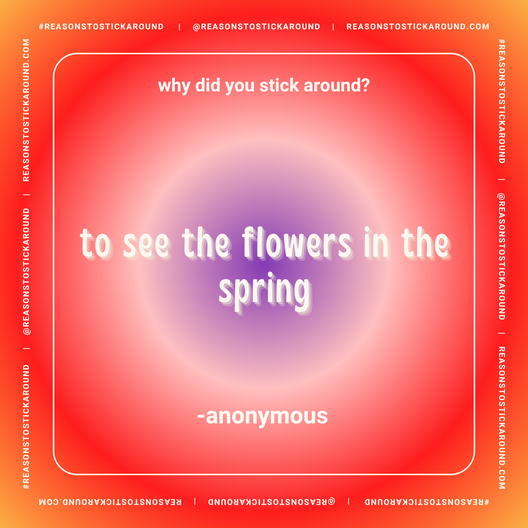 Colorful social media graphic with a red, pink, orange, and purple gradient background. Centered white text reads 'to see the flowers in the spring' with a purple glow behind. Above, smaller white text asks 'why did you stick around?' and below, it i