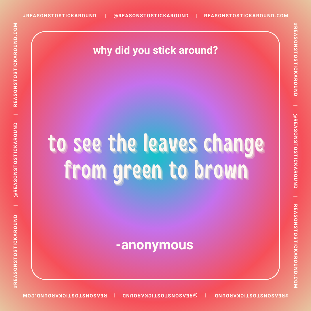 Colorful background with a gradient from pink to purple. White text in the center reads: "why did you stick around? to see the leaves change from green to brown. -anonymous". The border has social media and website handles along with hashtags.