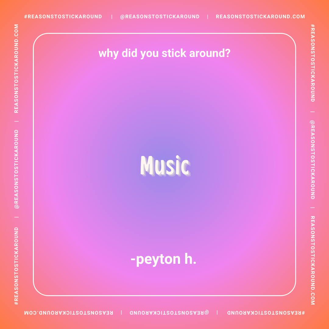 A pink and purple gradient background with a white border and border text. The text asks, "why did you stick around?" followed by the word "Music" in bold white letters and the name "peyon h." at the bottom. Around the border, hashtags and website li