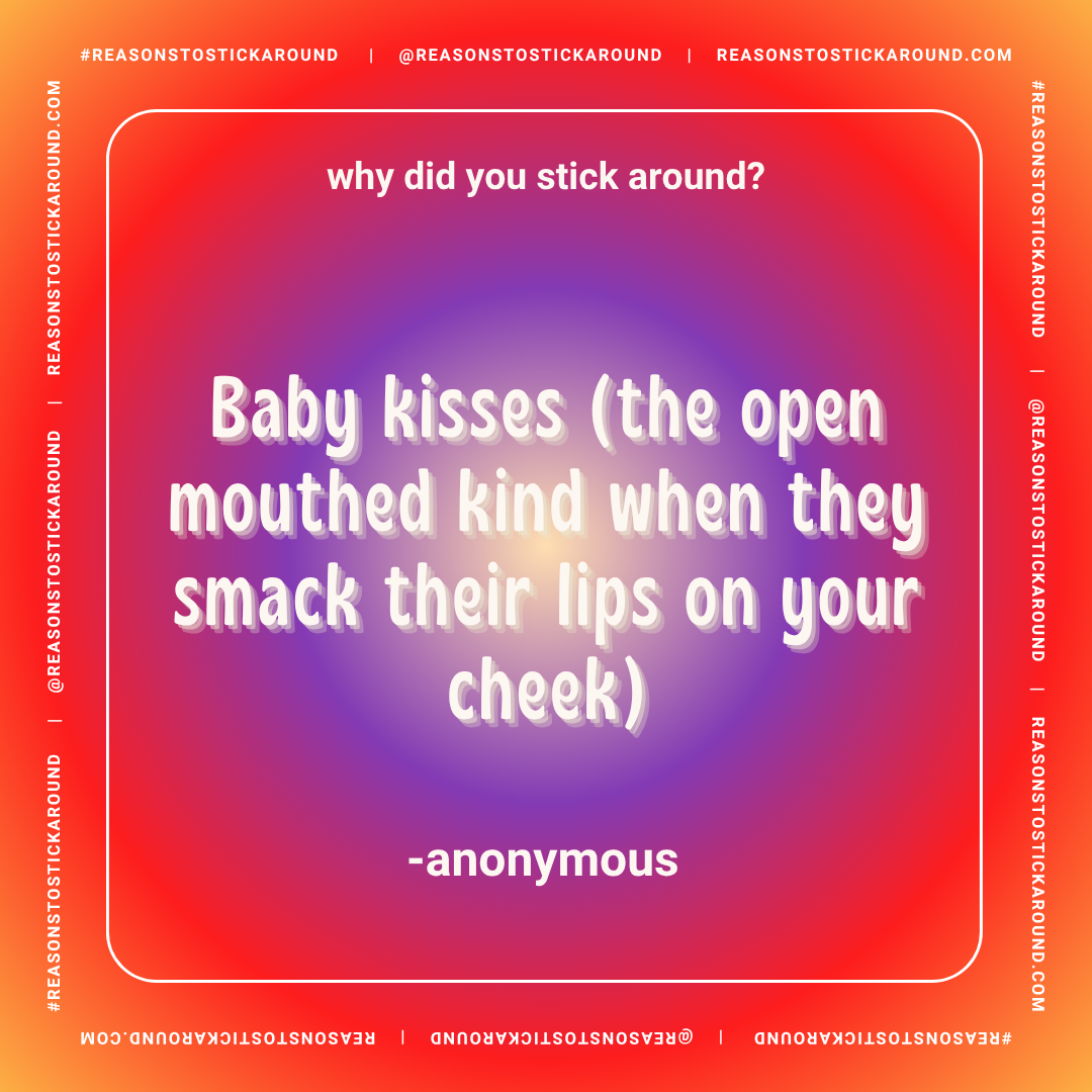 Colorful background with a humorous quote about baby kisses, surrounded by a red and purple gradient border, and text with social media handles and hashtags.