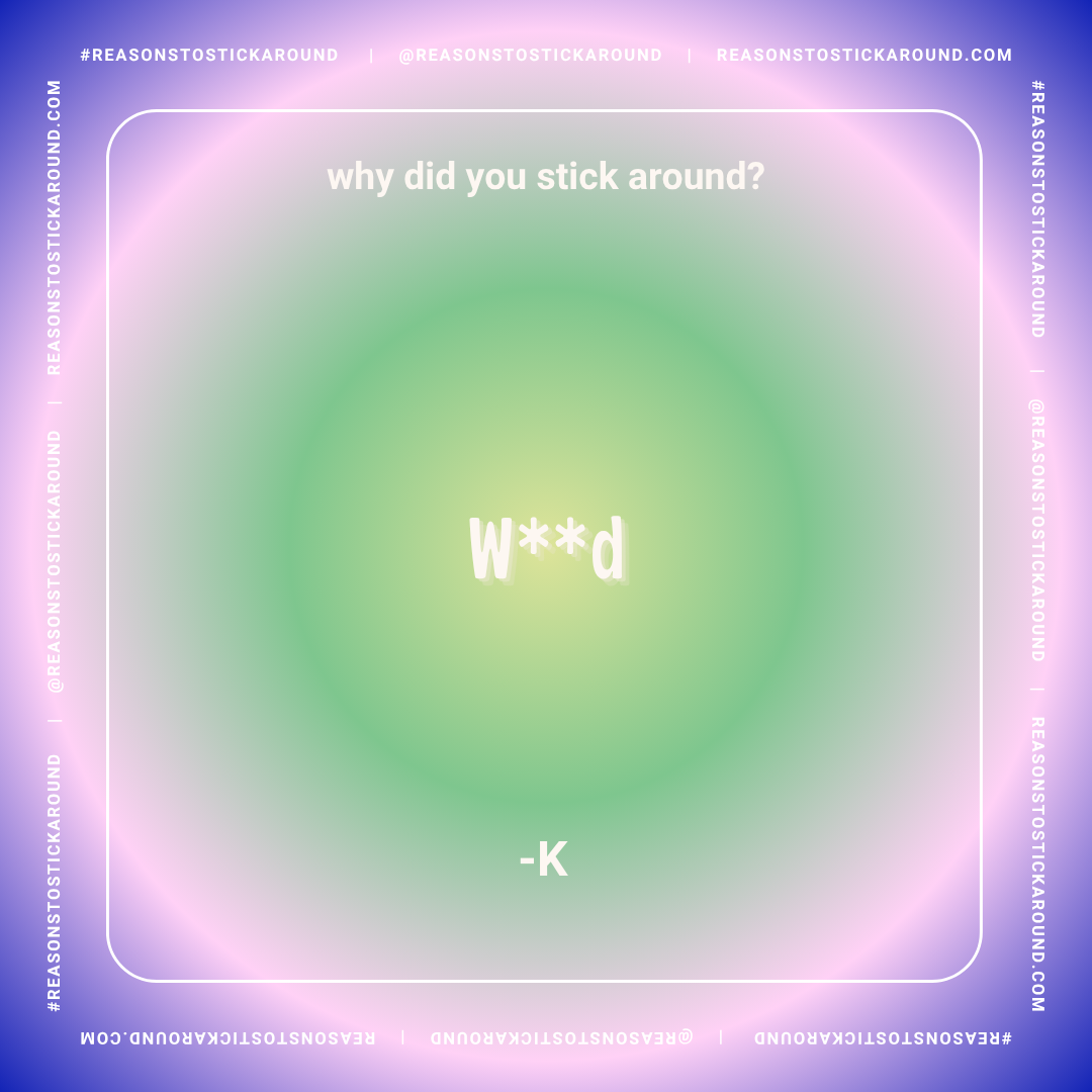 Colorful blurred background with questions and incomplete words related to sticking around, with the question "why did you stick around?" and the partial answer "w**d" and letter '-K'.