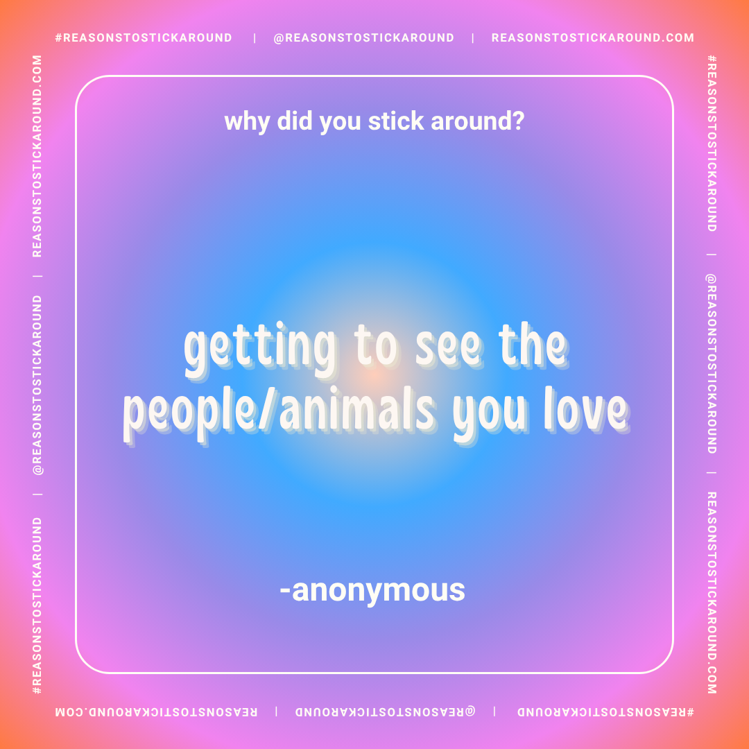 A colorful gradient background with a quote in white text that reads, "why did you stick around? getting to see the people/animals you love" attributed to anonymous. The border contains social media handles and hashtags related to Reason Stuck Around