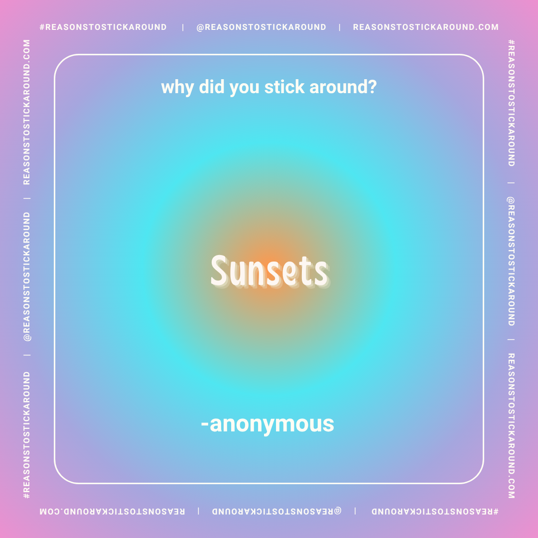 A colorful gradient background with a humorous quote about sunsets. The text reads: "why did you stick around? sunsets - anonymous". The border contains repetitive social media and website information.