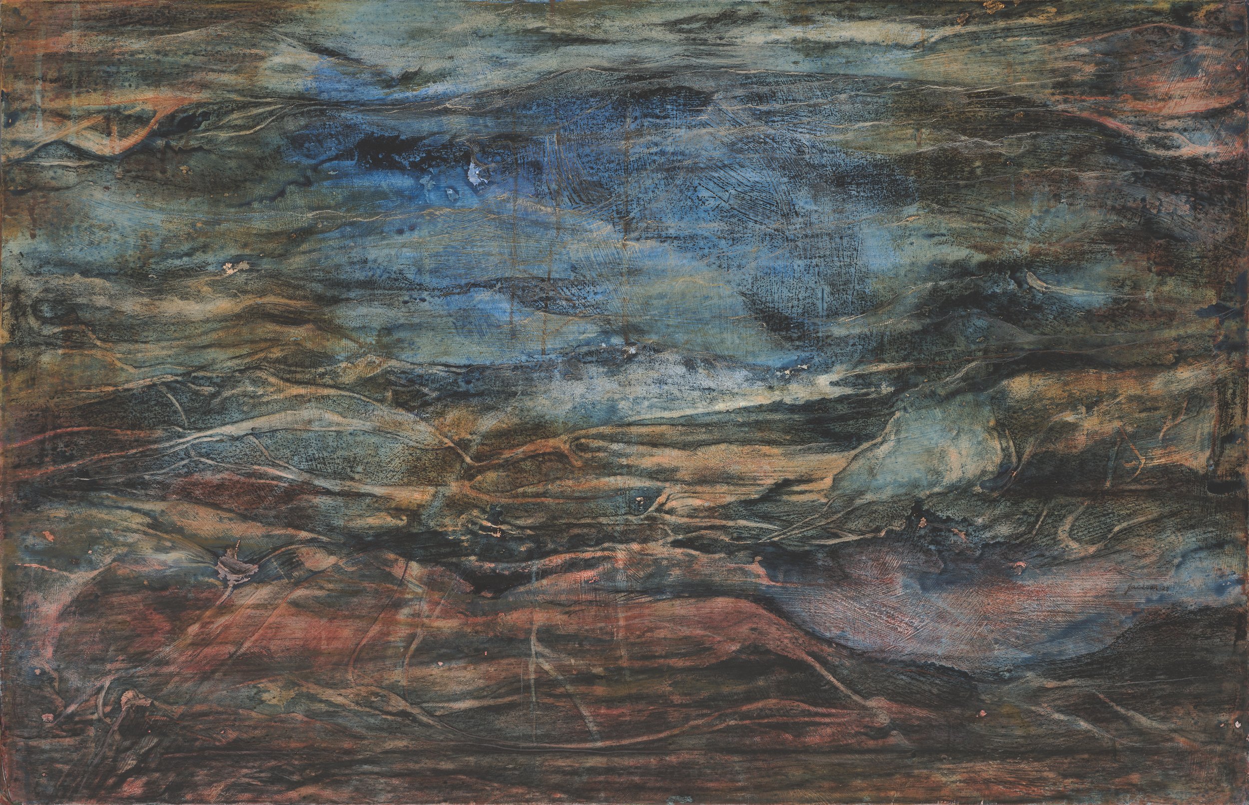 Southern Ocean Storm - 61 x 95cm. Gesso, egg wash, compressed charcoal, crayon, gouache, framed on stretched paper. $1,300, framed.