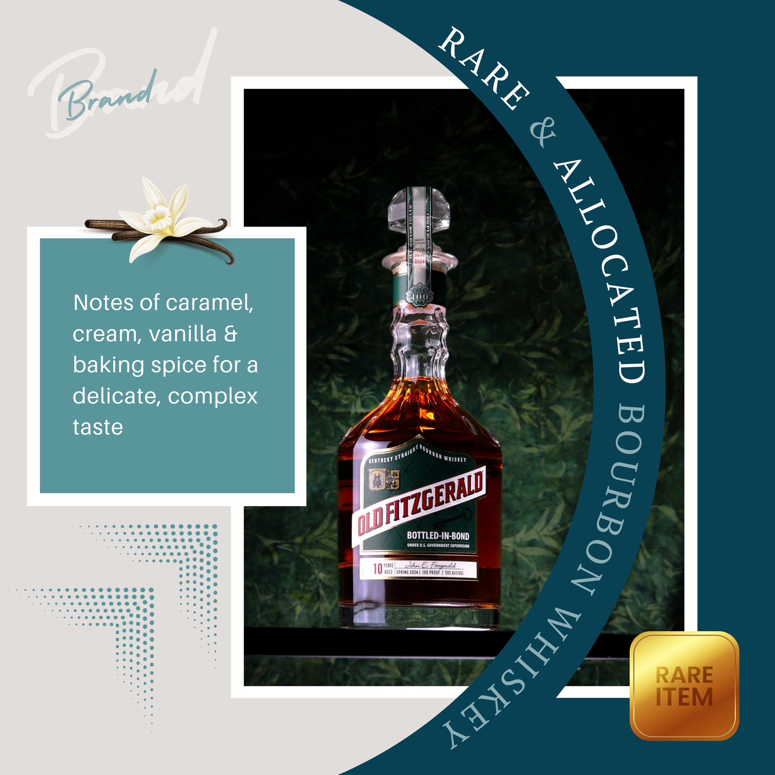 A bottle of Old Fitzgerald bourbon whiskey with a label indicating it is a rare and allogated bourbon, surrounded by a graphic design with text highlighting notes of caramel, cream, vanilla, and baking spice for a delicate, complex taste, and a small