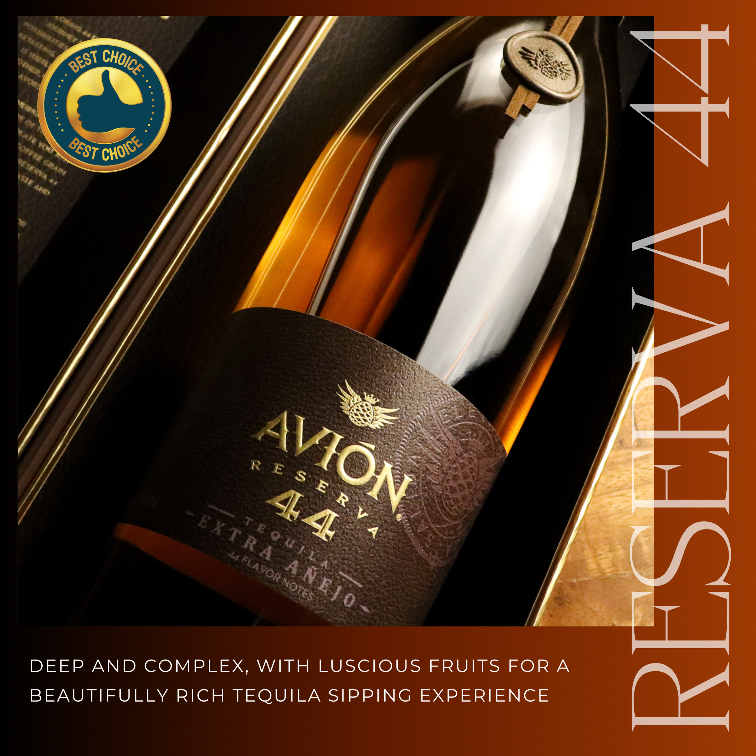 A bottle of Avión Reserva 44 tequila in a decorative box with a leather label, gold accents, and a taste note describing it as deep, complex, and fruity for a rich tequila sipping experience.