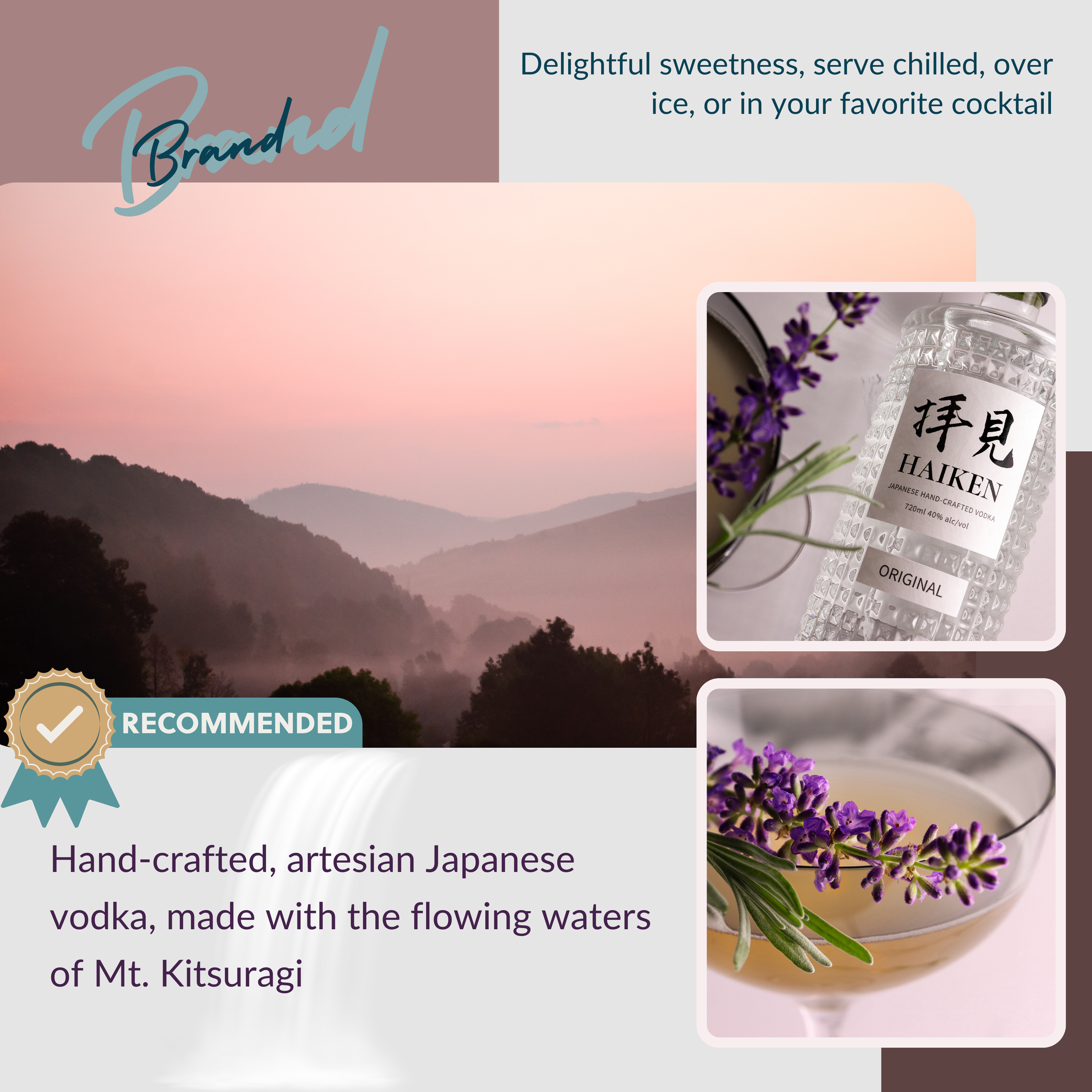 A promotional graphic for Japanese vodka featuring images of a bottle of HAKEN vodka and a cocktail garnished with lavender, with a scenic mountain background, and text describing the handcrafted, artesian Japanese vodka made from Mount Kitsuragi's f