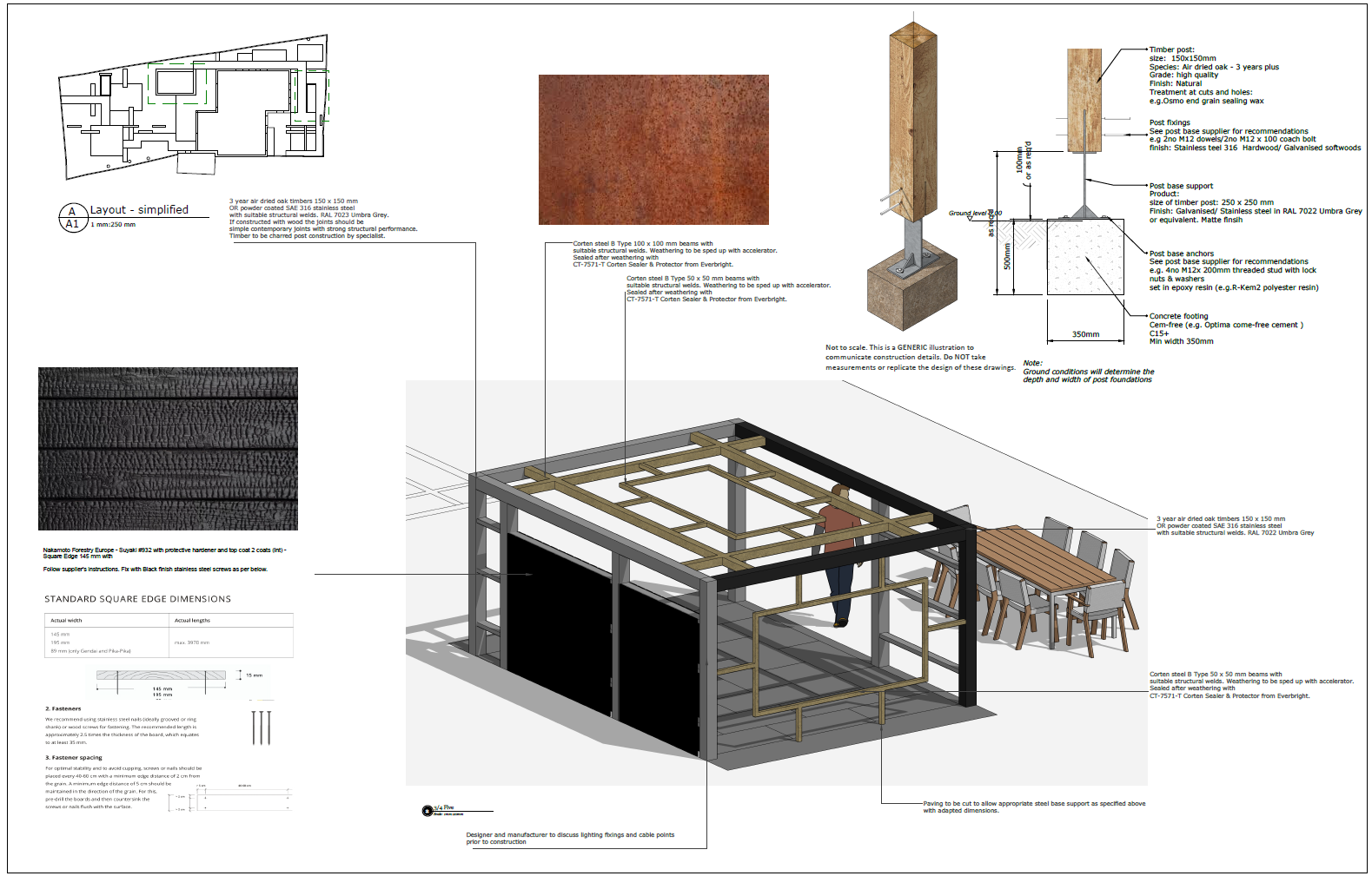 Architectural plan and construction details for a wooden and steel pergola, including foundation, framing, and assembly instructions.