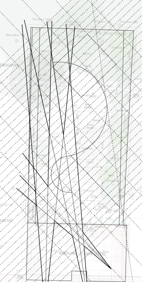 Concept layout grid with developed curved and angular tension lines of a in black and white lines of a James Innes Design garden design near King's Cross in central London.