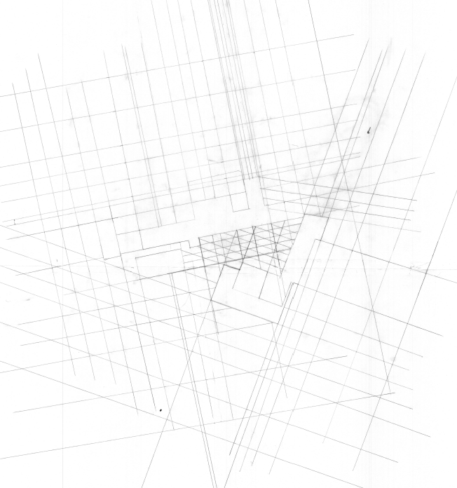 James Innes Design concept sketch showing the spatial analysis of a large country estate with multiple lines radiating out from a complex geometry of buildings in pencil near Newcastle in Northumberland.