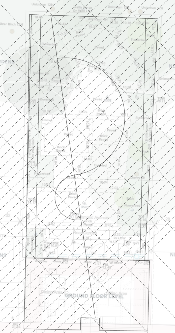 Concept layout grid with developed curved and angular tension lines of a in black and white lines of a James Innes Design garden design near King's Cross in central London.