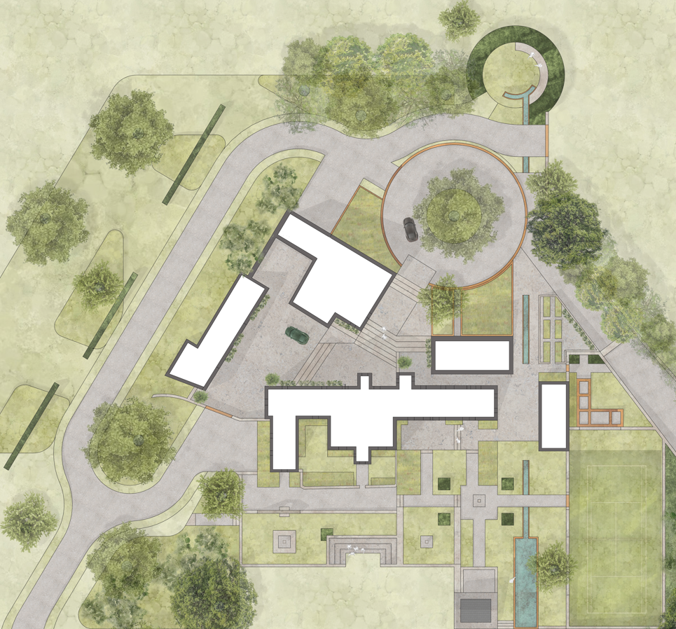 James Innes Design masterplan of a country estate showing the layout of buildings and drive, completed in an abstracted water colour finish near Newcastle in Northumberland.