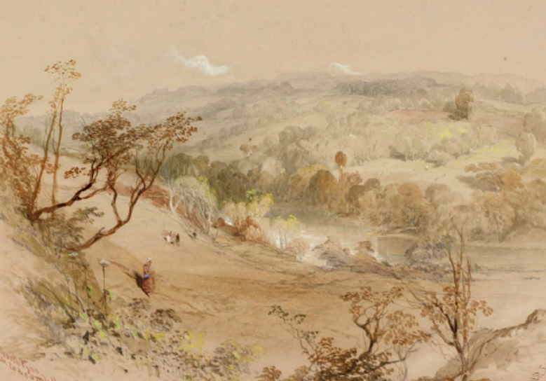 Local water colour painting in the picturesque style of a sloping valley in a countryside setting.