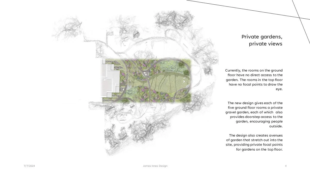 Design plan for a James Innes private gardens with pathways, green spaces, and garden access points, surrounded by trees.