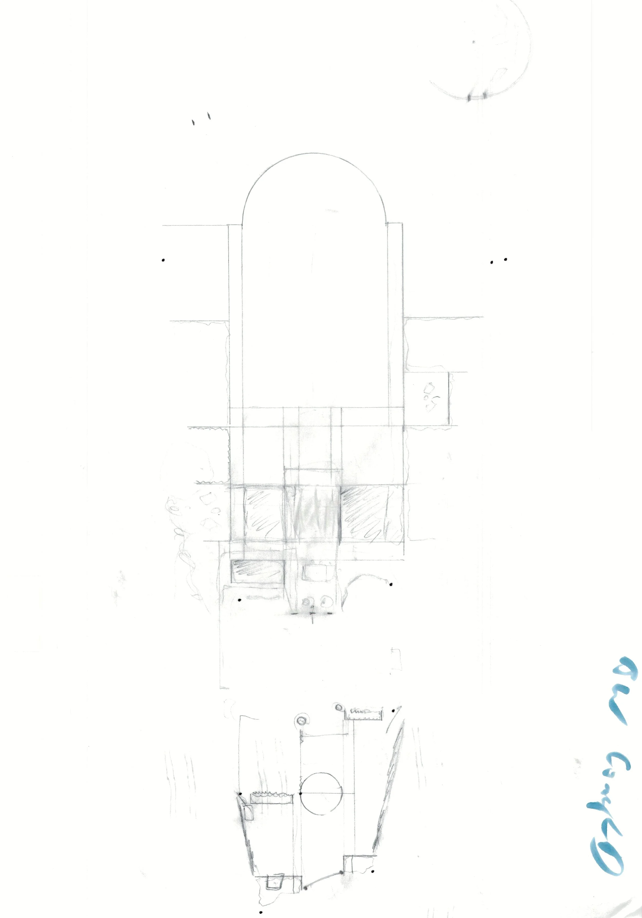 Sketch of a design with curved lines and circles, resembling a decorative ornamental pattern. near St. Albans in Hertfordshire.