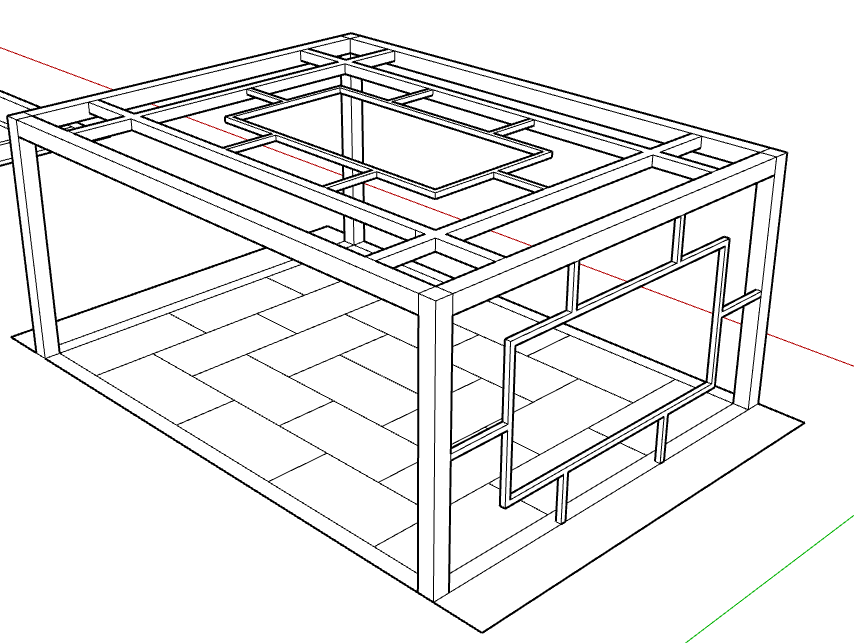 Line drawing of a modern house with an open-frame structure, showing the roof, walls, and floor with a tiled pattern.
