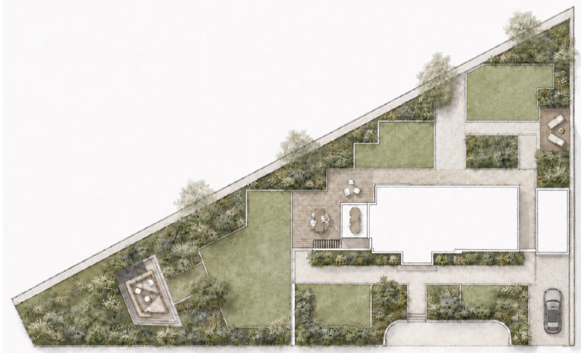 The rendered masterplan of a James Innes Design garden showing a triangular plot with atmospheric planting, seating areas, and lawn. near Margate on the north Kent coast.