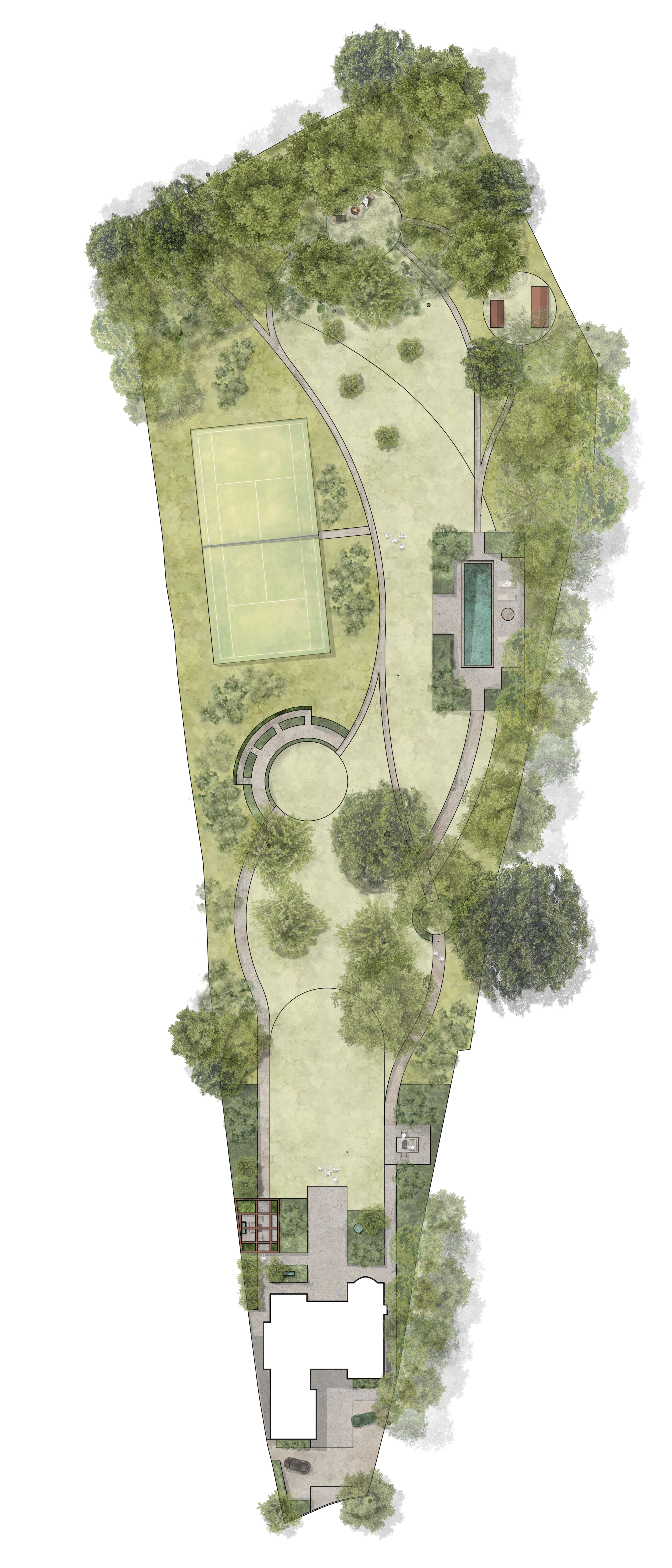 A detailed landscape plan of a James Innes country garden  including tennis courts, a swimming pool, walking paths, trees, and a house.near St. Albans in Hertfordshire.