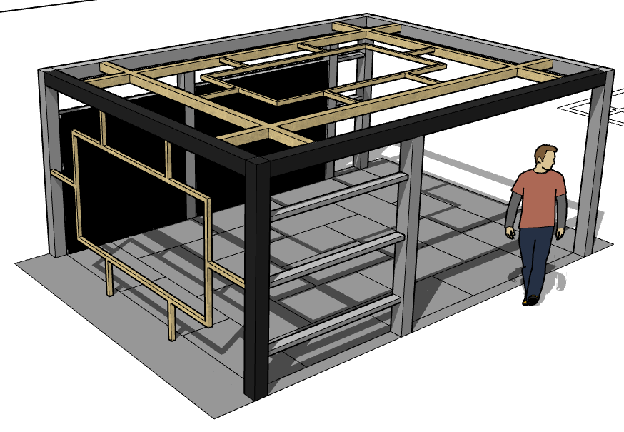 A concept illustration of a bespoke garden pergola by James Innes Design inspired by Japanese tatami mats and carpentry methods.