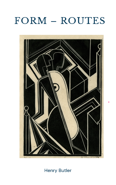 20th century black and white abstract art of the art deco movement by artist Henry Butler showing an abstract figure moving against sharp angular lines.
