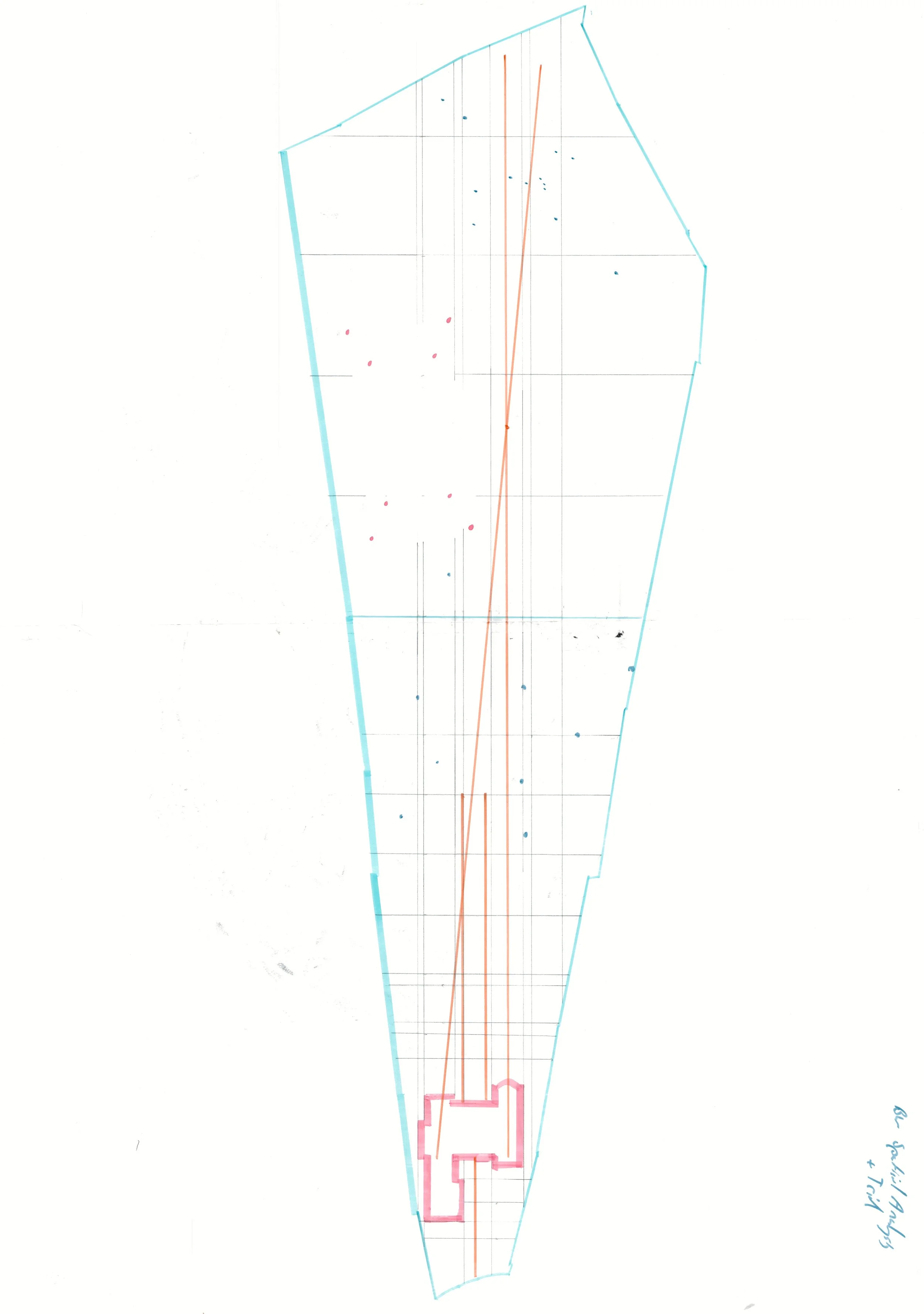 Architectural concept sketch of a James Innes garden with color-coded sections and measurements near St. Albans in Hertfordshire.