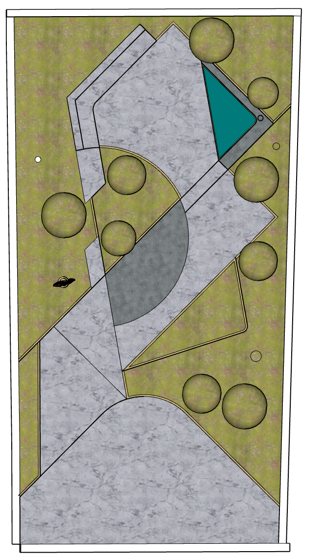 A 3D colour model of resolved abstract inspired garden layout sketch of a James Innes Design concept design near King's Cross in central London.