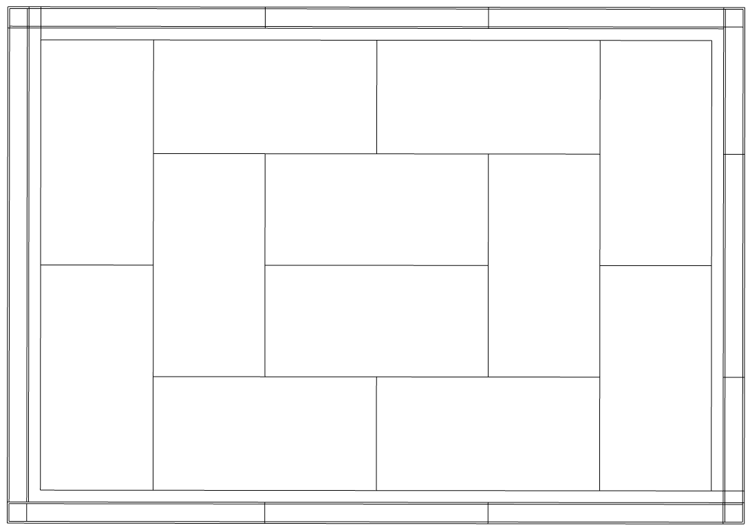 A detailed architectural drawing or blueprint of a floor plan with various rooms outlined by black lines on white background. demonstrating a tatami mat inspired landscape design.