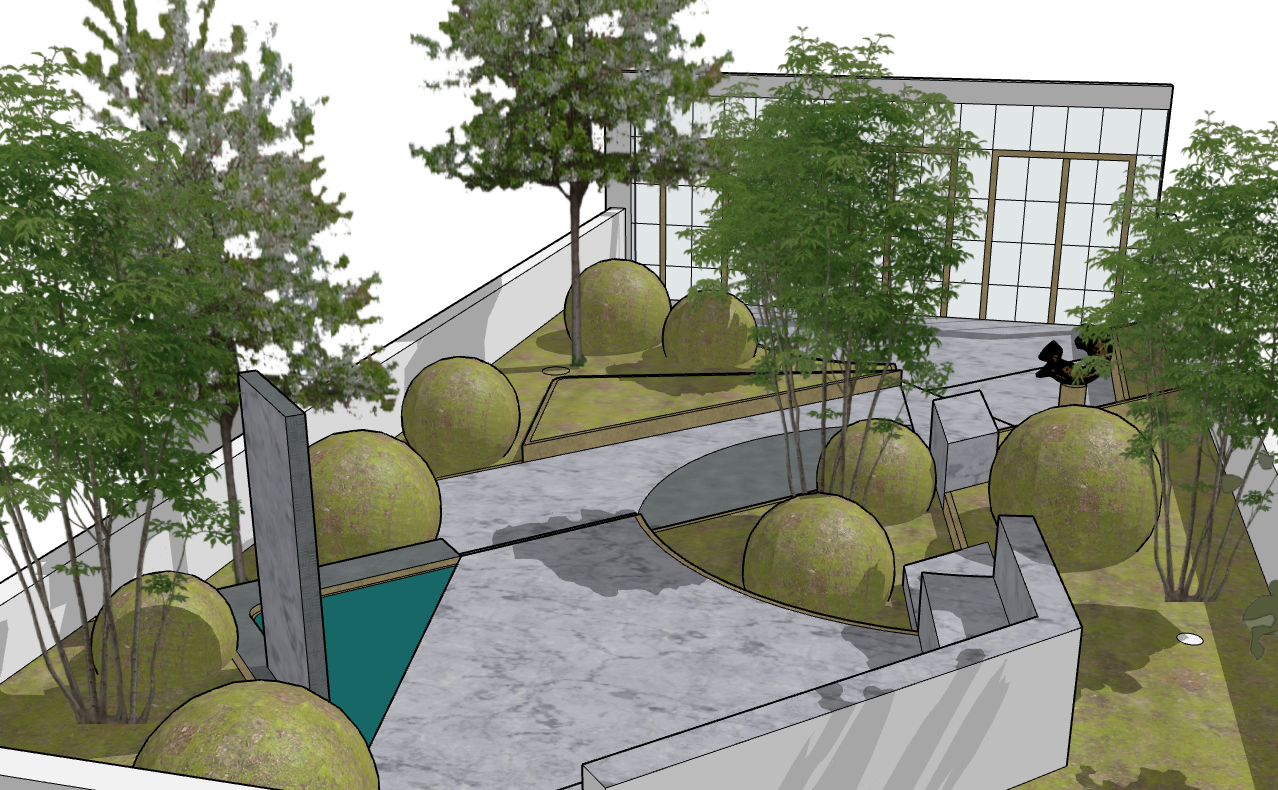 A 3D colour model of resolved abstract inspired garden layout sketch of a James Innes Design concept design near King's Cross in central London.