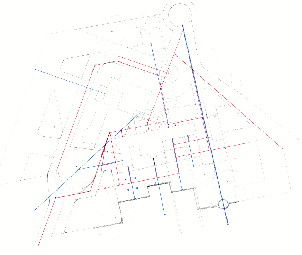 James Innes Design concept sketch showing the spatial analysis of a large country estate with multiple lines radiating out from a complex geometry of buildings in pencil, with blue and red pen lines to show lines of sight and path ways near Newcastle