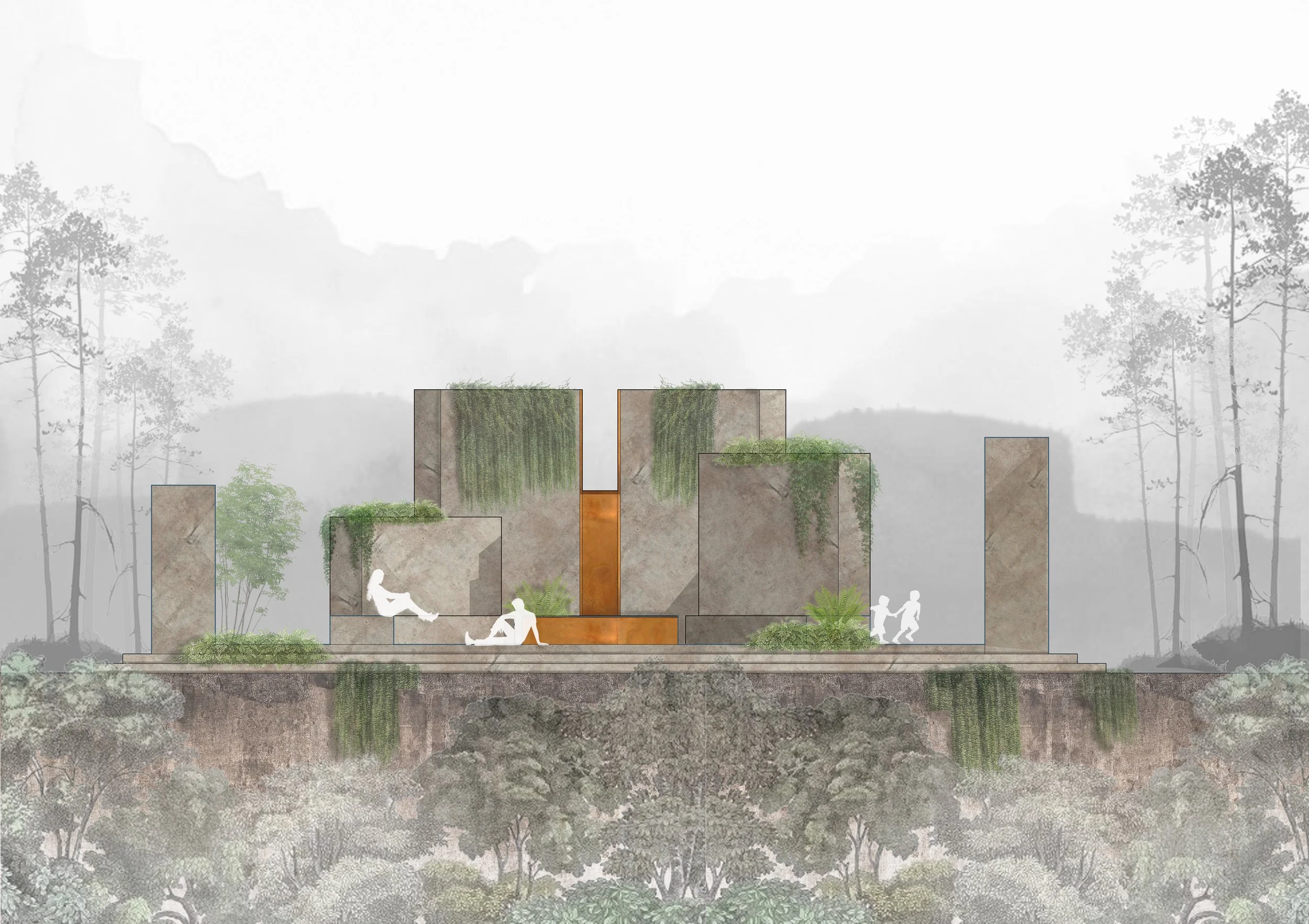 Architectural concept render of a post modern garden folly comprised of limestone monolith blocks, copper water feature, and lost world vines displayed in a picturesque watercolour style.
