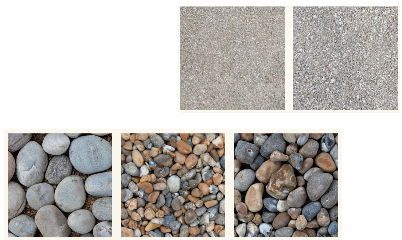 A materials mood board by James Innes Design showing coastal cobbles, pebbles, and sand near Margate on the north Kent coast.