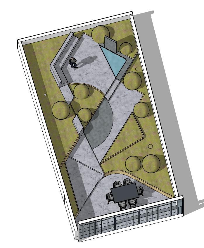 A 3D colour model of resolved abstract inspired garden layout sketch of a James Innes Design concept design near King's Cross in central London.