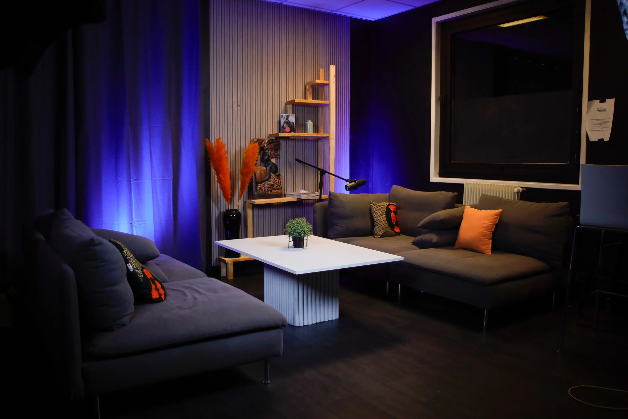 Salon moderne avec deux canapés gris, un tapis blanc, une table basse blanche, une plante verte, des coussins orange et noirs, étagères en bois avec décorations, vases avec des plumes orange, éclairage violet et noir, grande fenêtre sans rideau