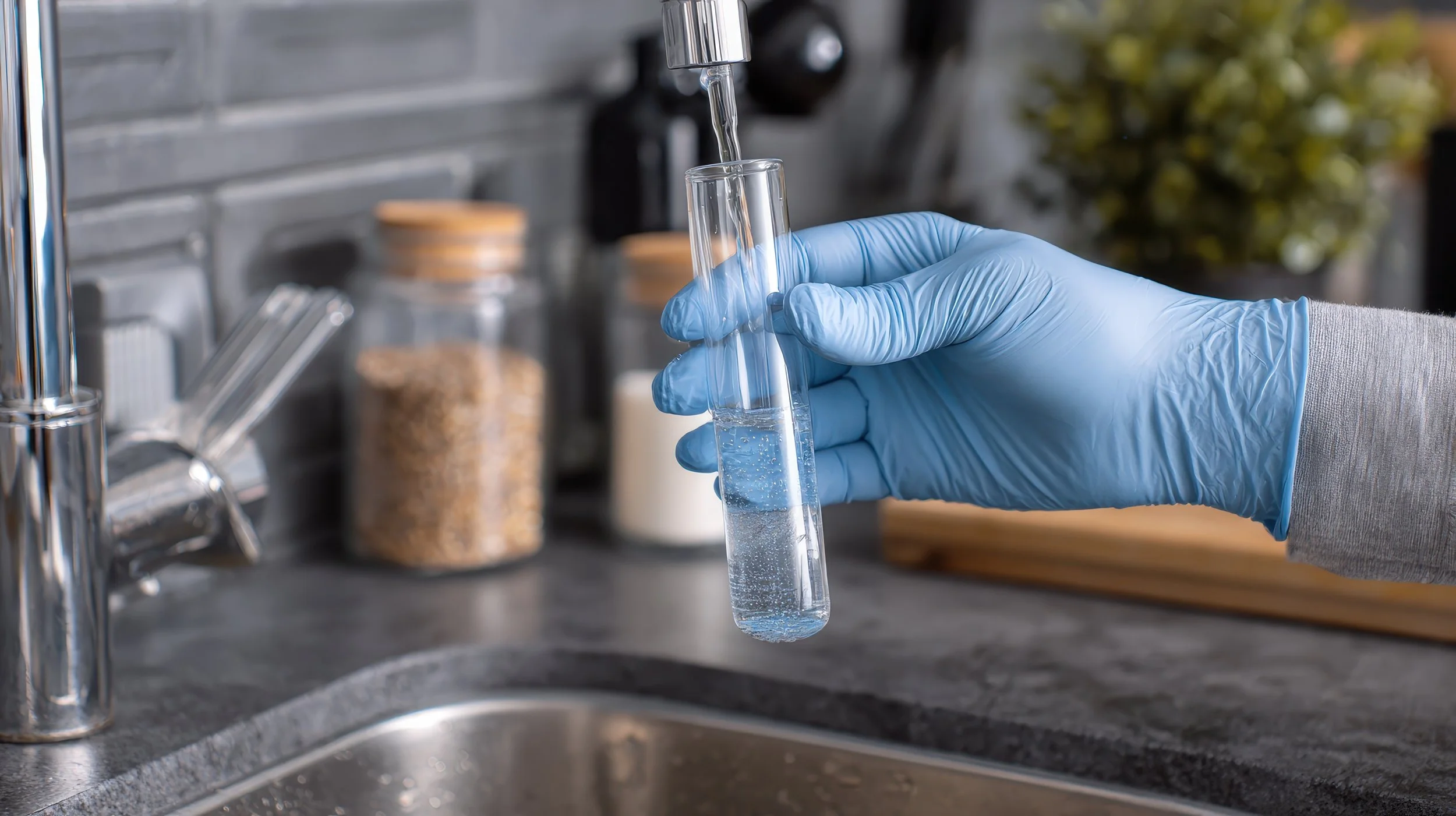 A person wearing a blue glove is filling a test tube with clear liquid from a faucet in a kitchen or laboratory setting.
