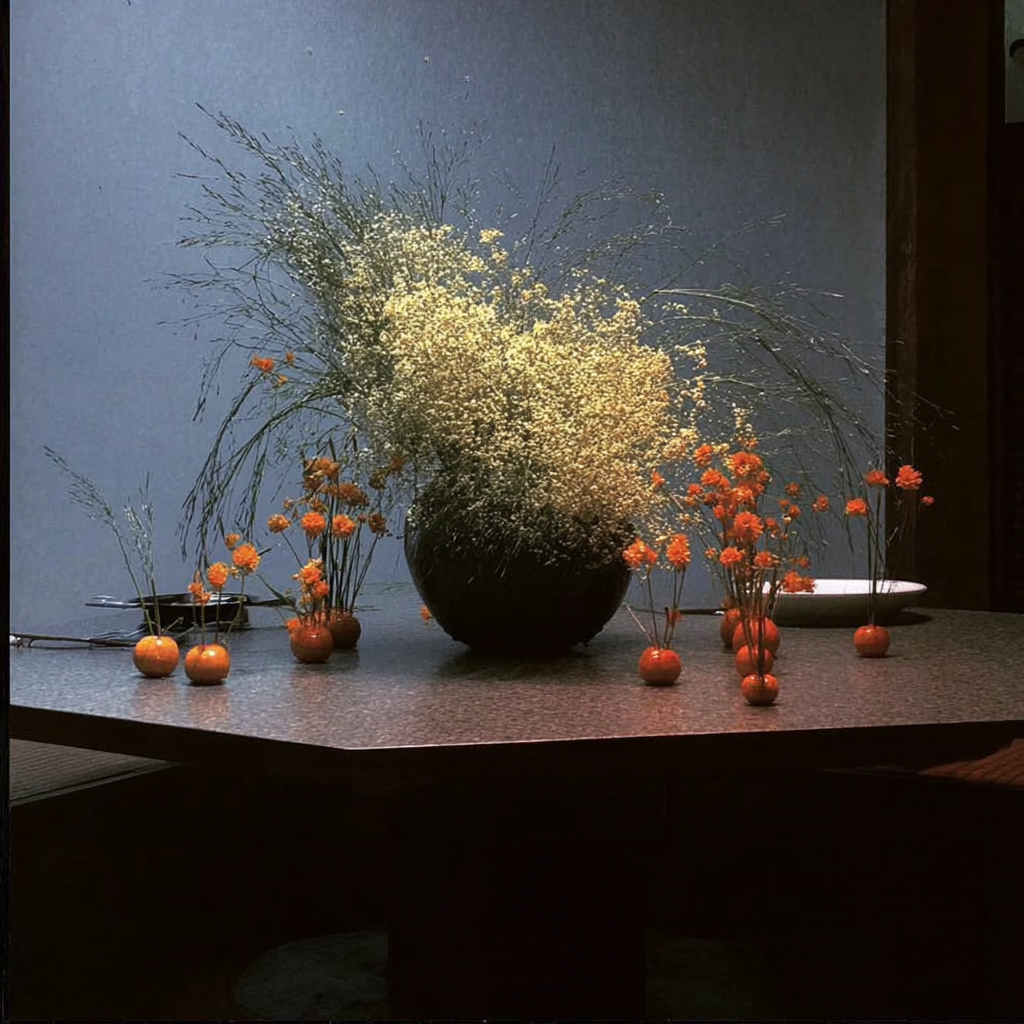A large black vase with white baby's breath flowers and tall decorative grasses, surrounded by small orange flowers in vases on a table.
