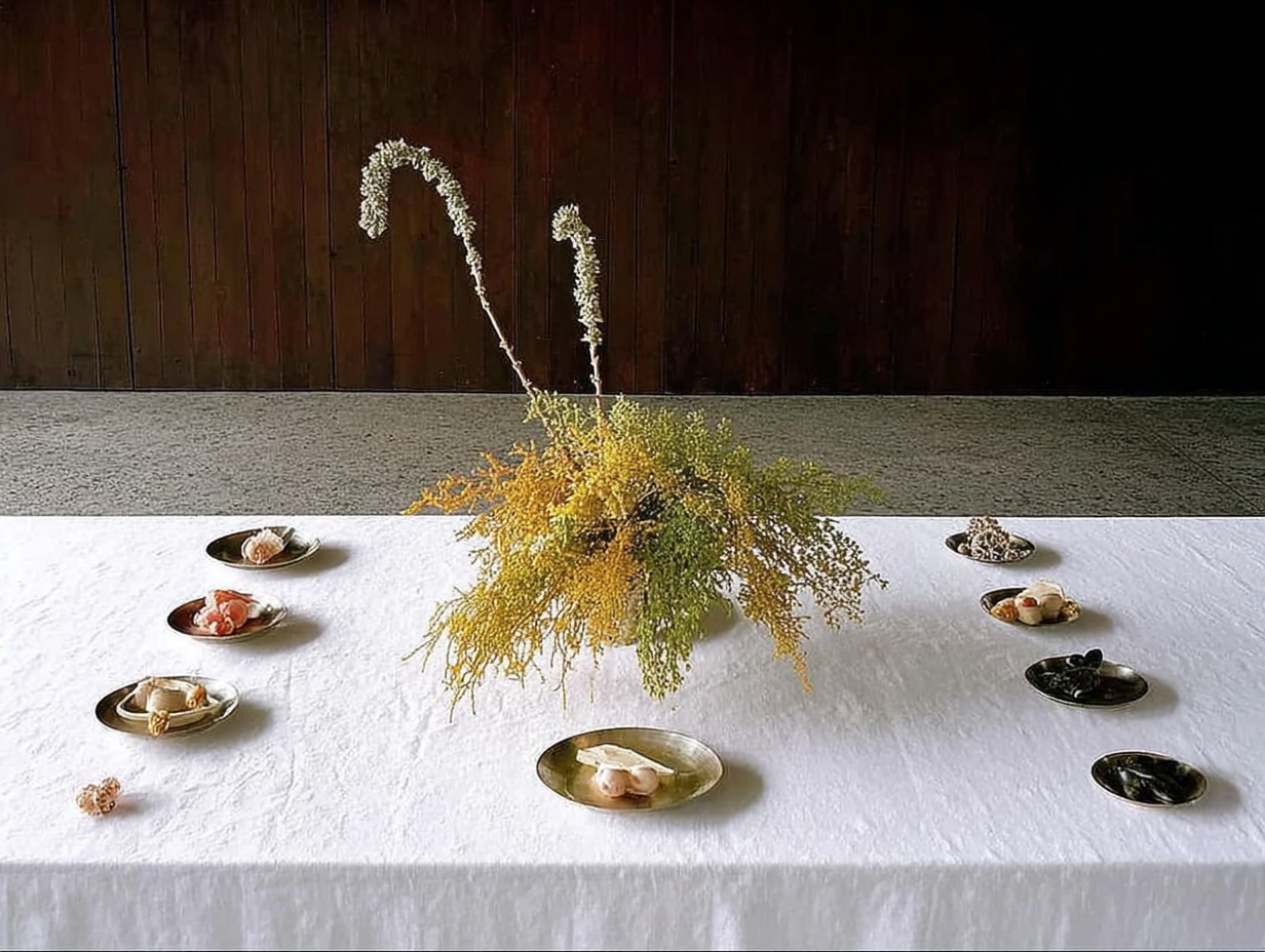A white tablecloth-covered table with a large floral arrangement of yellow and green foliage in the center, surrounded by ten small metallic plates with various small desserts.