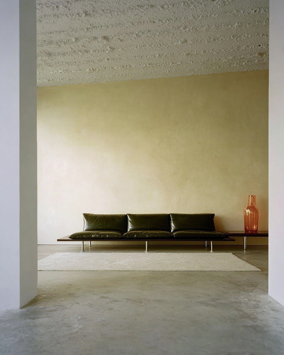 Minimalist living room with a black mid-century modern sofa, beige wall, textured ceiling, white rug, and a tall orange vase to the right.