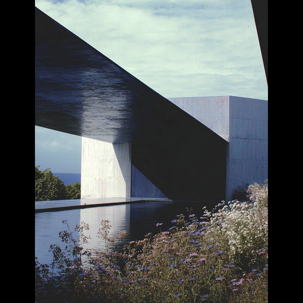 Modern architectural building with sharp geometric lines, white concrete walls, and a reflecting water feature in the foreground. Flowering plants are at the base of the structure, and a partly cloudy sky is visible above.