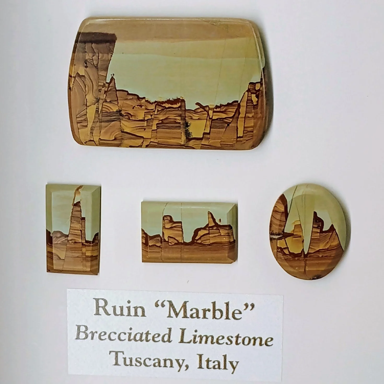 Images show three carved stones with a label: Ruin "Marble," Brecciated Limestone, Tuscany Italy.