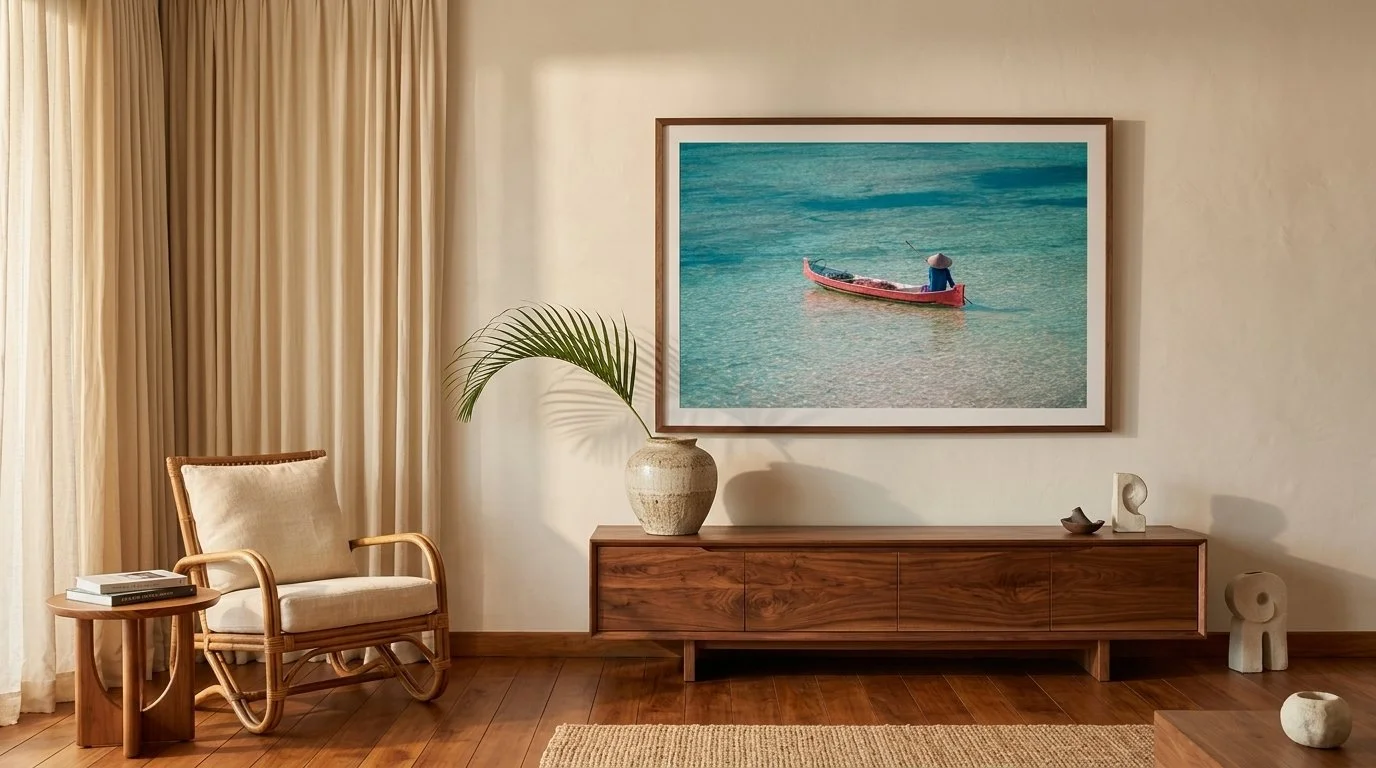 Living room with beige curtains, a wooden armchair with a white cushion, a round wood side table with books, a large wooden TV stand with a ceramic vase, potted plant, and small decorative sculptures, a framed ocean photo on the wall.