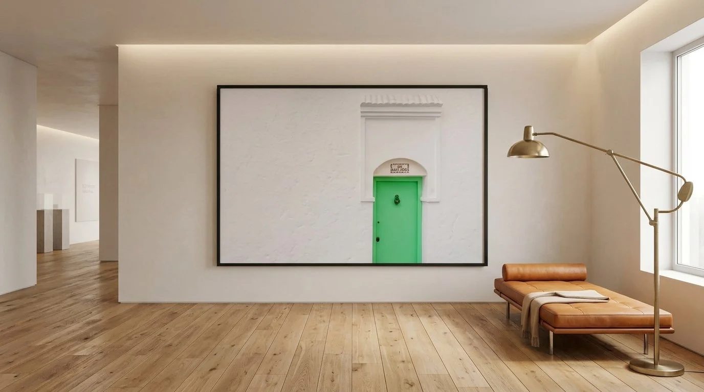 Minimalist room with a large framed artwork of a white wall with a green door and an archway. A brown leather bench and gold floor lamp are near a window.